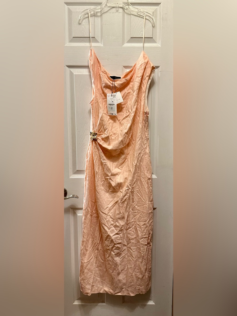 Zara Peach Sleeveless Midi Dress with Side Buckle Detail